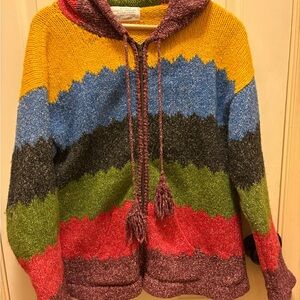 Orval Handmade 50% Wool Colorful Striped Women's Hooded Sweater Jacket EUC Sz L